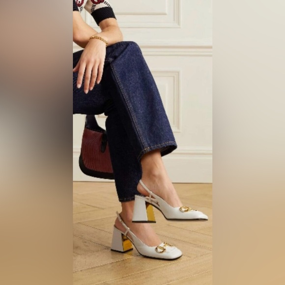 Gucci Shoes - Gucci GG Slingback Horsebit Pumps Chunk Heel Heels Mystic White Leather Sz 41
